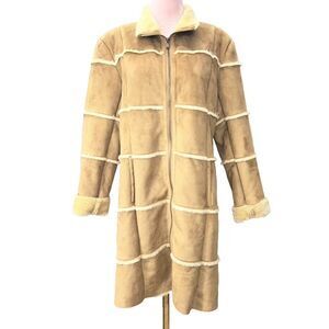 Scandinavian Faux Fur Long Sleeve Camel Brown Full Zip Coat Womens Size L